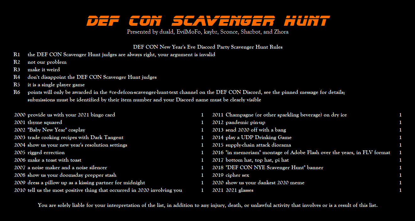 DEF CON NYE 2020 Discord Party list